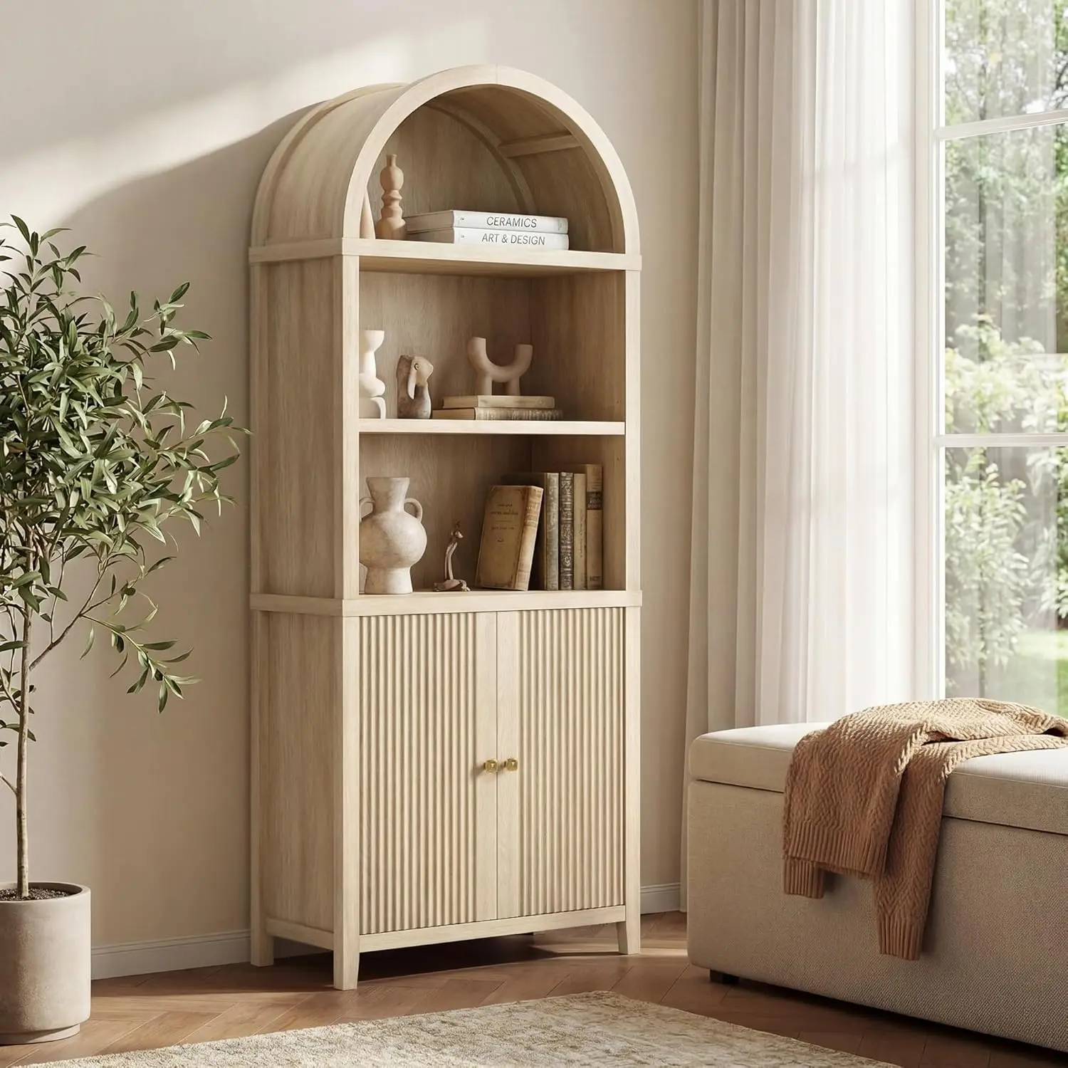 [2 Packages Shipping] ModernMate 76" Height Mid-Century Engineered Wood Bookshelf Book Rack, 5-Tier Arched Top Fluted Cabinet with Doors, Adjustable Shelves, 30.1"w x14.6"d x76"h Large Storage Unit, Indoor Furniture for Living Room, Office, Natural Oak, H