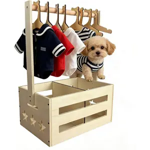 Wooden Pet Storage Organizer with Clothes Rack, Dog Toy Storage Bin, Cat Wardrobe Closet with Handle, Multi-Compartment Pet Accessories, 8 Small pet Clothes Hangers