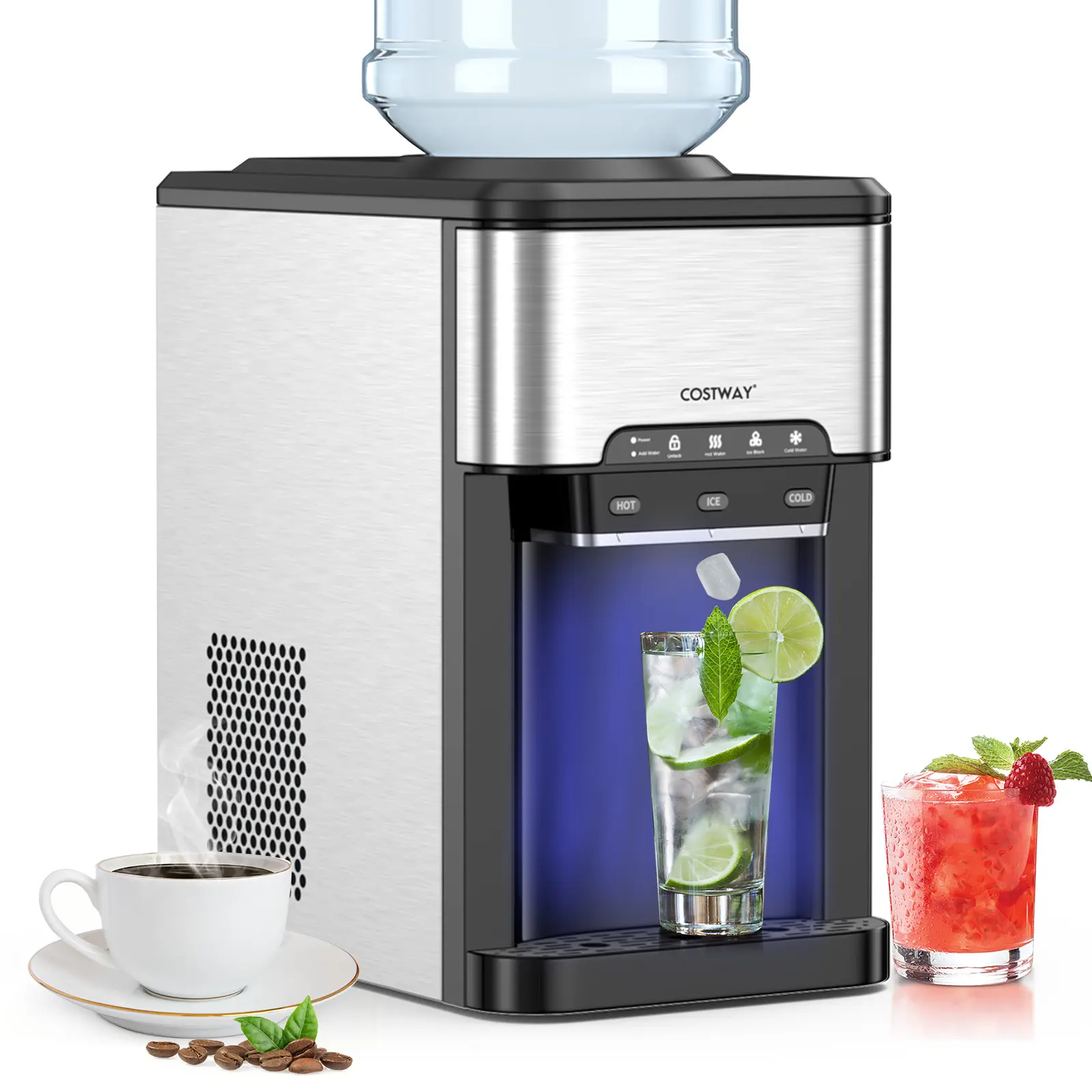 COSTWAY - 3-in-1 Ice Maker with Built-in Water Cooler Dispenser and 3 Temperature Settings