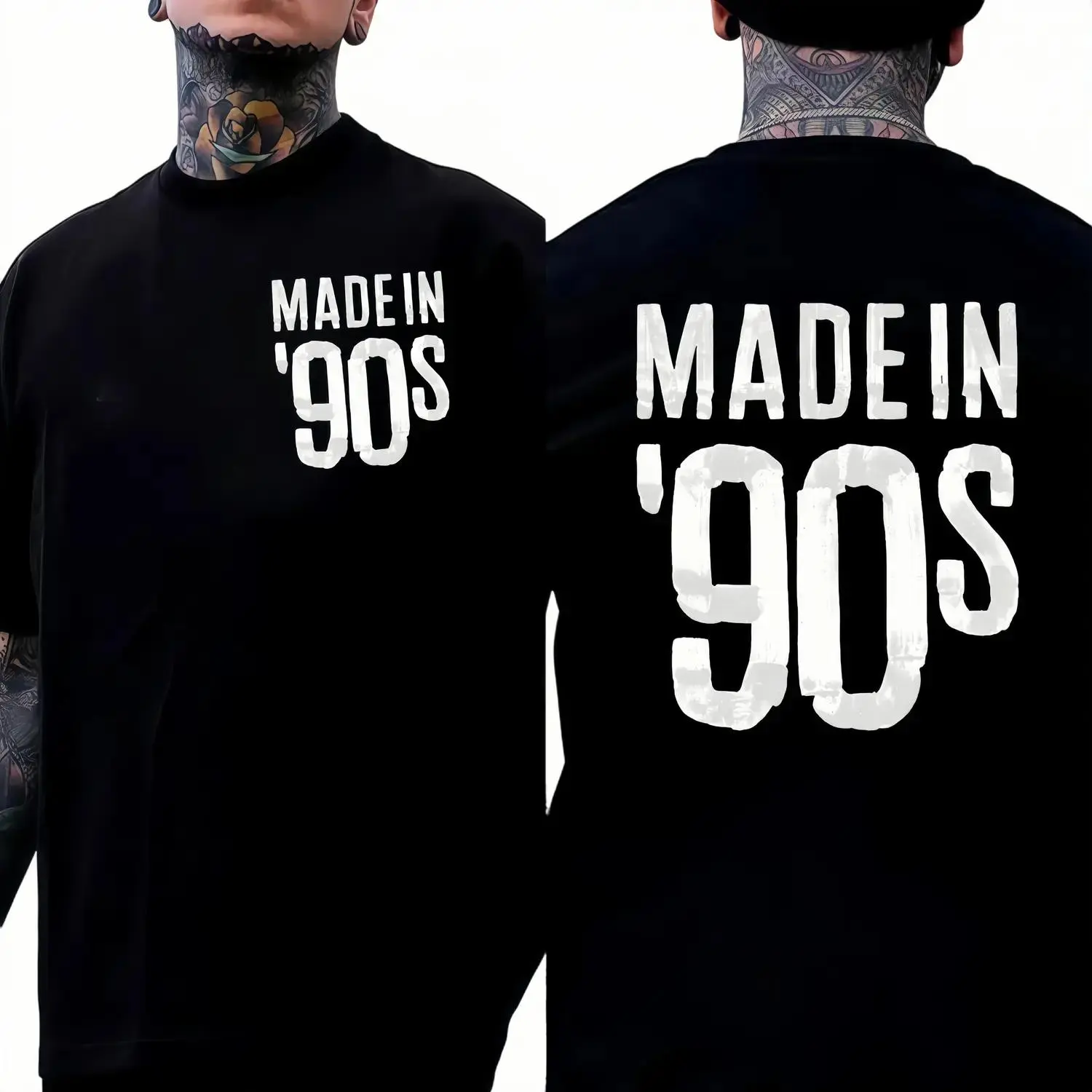 90s Retro Letter Double-Sided T-Shirt Simple Style High-End Sense Commuting Sports Leisure Street Wear Unisex Tops Made in '90s Bold Statement Piece Comfortable Versatile Cotton Material Round Neck Top Black Cardigan graphic tee 90s graphic tees