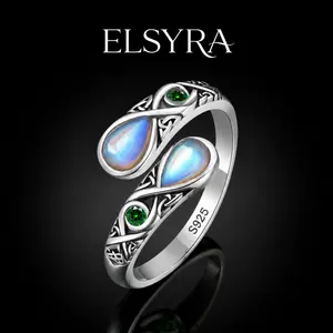 S925 Sterling Silver Elegant Rainbow Moonstone Ring with Celtic knot pattern and Devil's eye pattern – Vintage Victorian Style, Adjustable Thumb Jewelry for Women, green Devil's eye ring with love pattern,Spoon ring as a jewelry gift