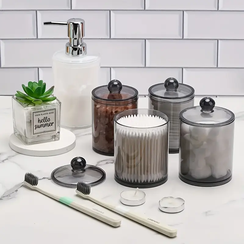 3pcs Bathroom Jar 10 Oz Black Plastic Holder Storage Box For Cotton Ball, Swab, Cotton Rounds, Floss Picks, Hair Clips And Ties Storage Box Organizer Bathroom Necessities Bathroom Decor Supplies