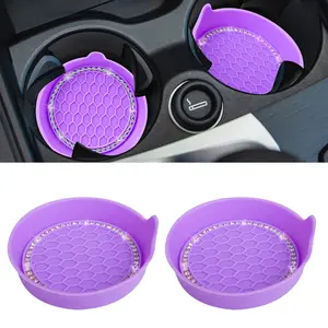 Car Coasters for Cup Holders [2 Pack] - 3.1 In Silicone Auto Mug Mats - Universal Non-Slip Recessed Car Interior Accessories - Purple