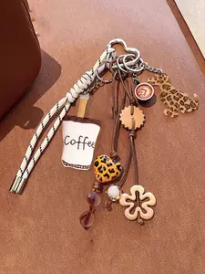 Vintage Brown Coffee Tassel Beaded Keychain Bag Accessory with Leopard Print Dog & Heart,Coffee Cup,Glasses,Flower,Coffee Keyring Bag Charm Key Decoration Ornament,Aesthetic Maillard Coffee Cup Keychain Car Key Holder Men Women Couple Backpack Pendant