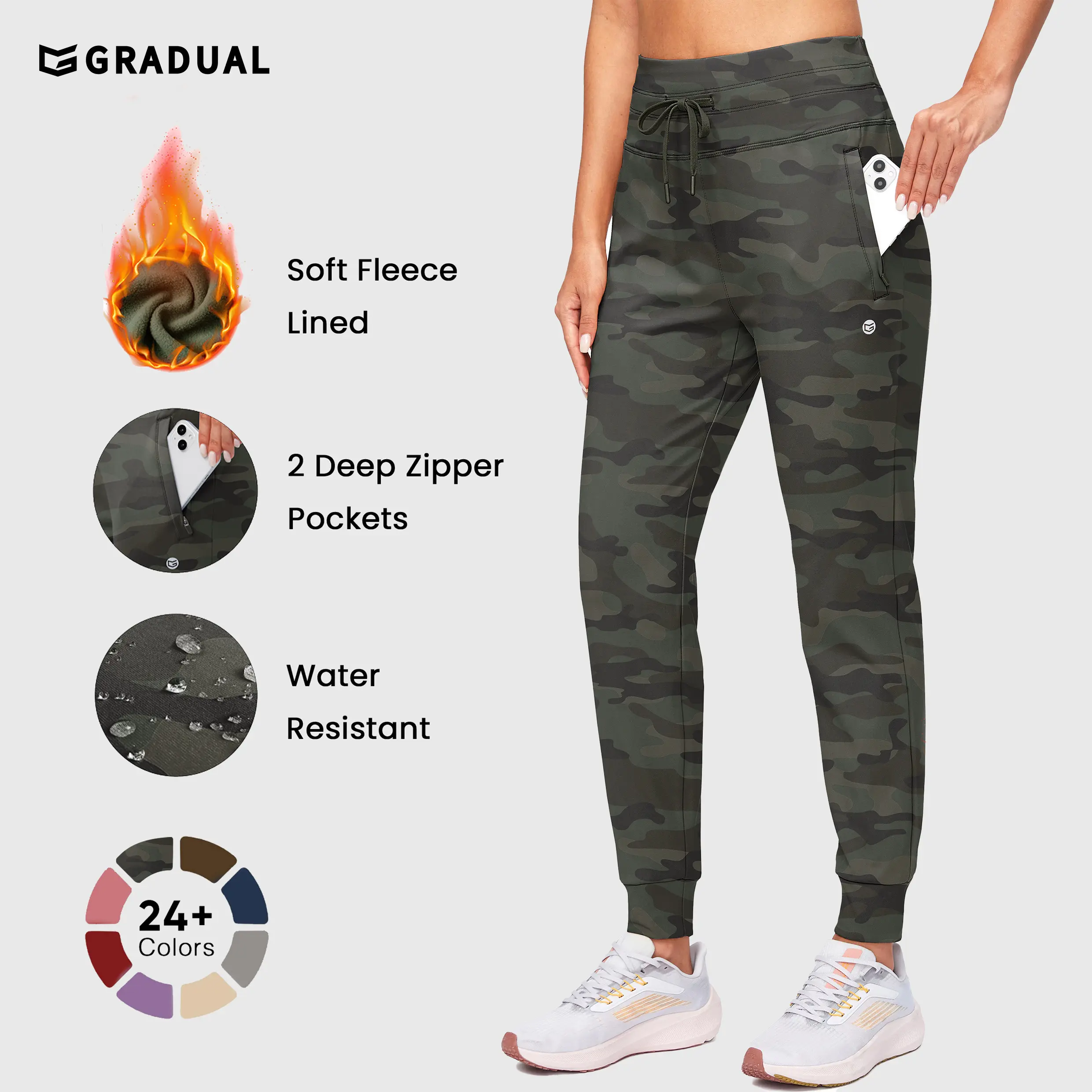 G GRADUAL Women's High-Waist Fleece Lined Joggers - Water Resistant, 2 Zipper Pockets, Adjustable Waist Belt & Bottom, Drawstring, Baggy Tapered Legs, Warm for Winter Hiking, Skiing, Athletic Casual Wear