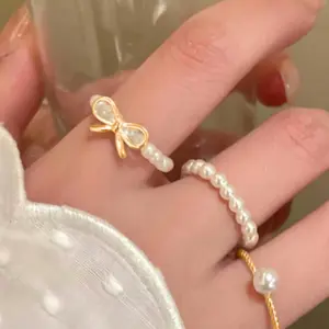 3pcs Bow Pearl Adjustable Ring Set for Women Minimalist Stackable Everyday Jewelry