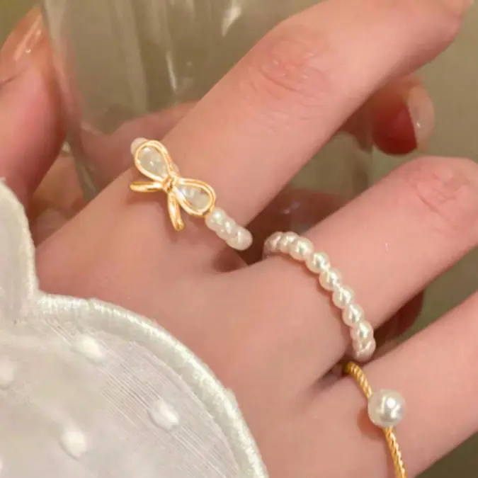3pcs Bow Pearl Adjustable Ring Set for Women Minimalist Stackable Everyday Jewelry