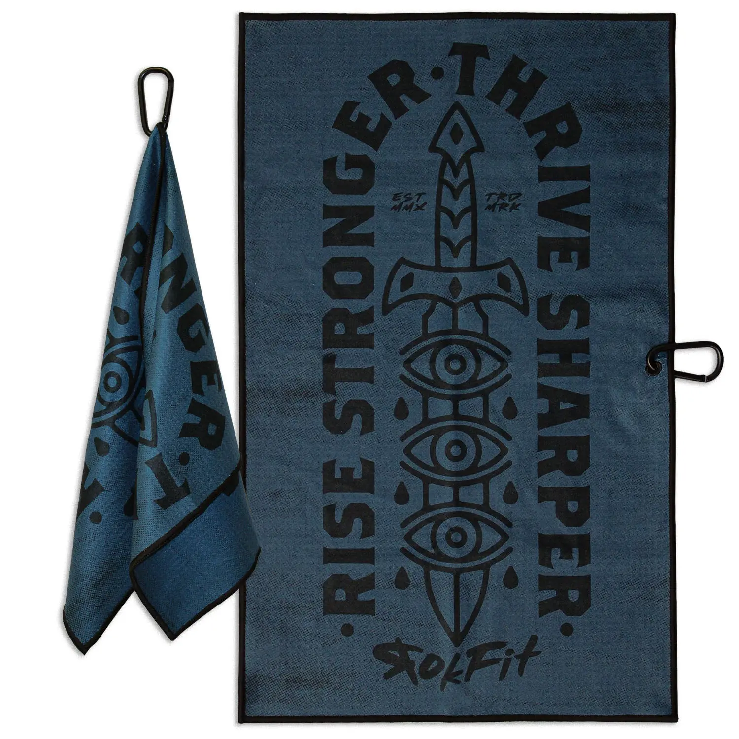 RokFit Gym & Golf Towel – Multi-Use, Quick-Dry, Durable Utility Towel with Bold Graphic and Carabiner Clip (Rise Stronger, Thrive Sharper)