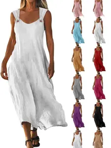 2026 Women's Dress, Everyday Wear, Elegant V-Neck Design, Metallic Button Detailing, Breathable Cotton-Linen Fabric, Sleeveless, Minimalist Style