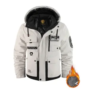 Men's Winter Thickened Warm Jacket with Multi-Pockets & Letter Embroidery Pattern 3D Outdoor Windbreaker Detachable Hood White Coats Outerwear Polyester Fiber