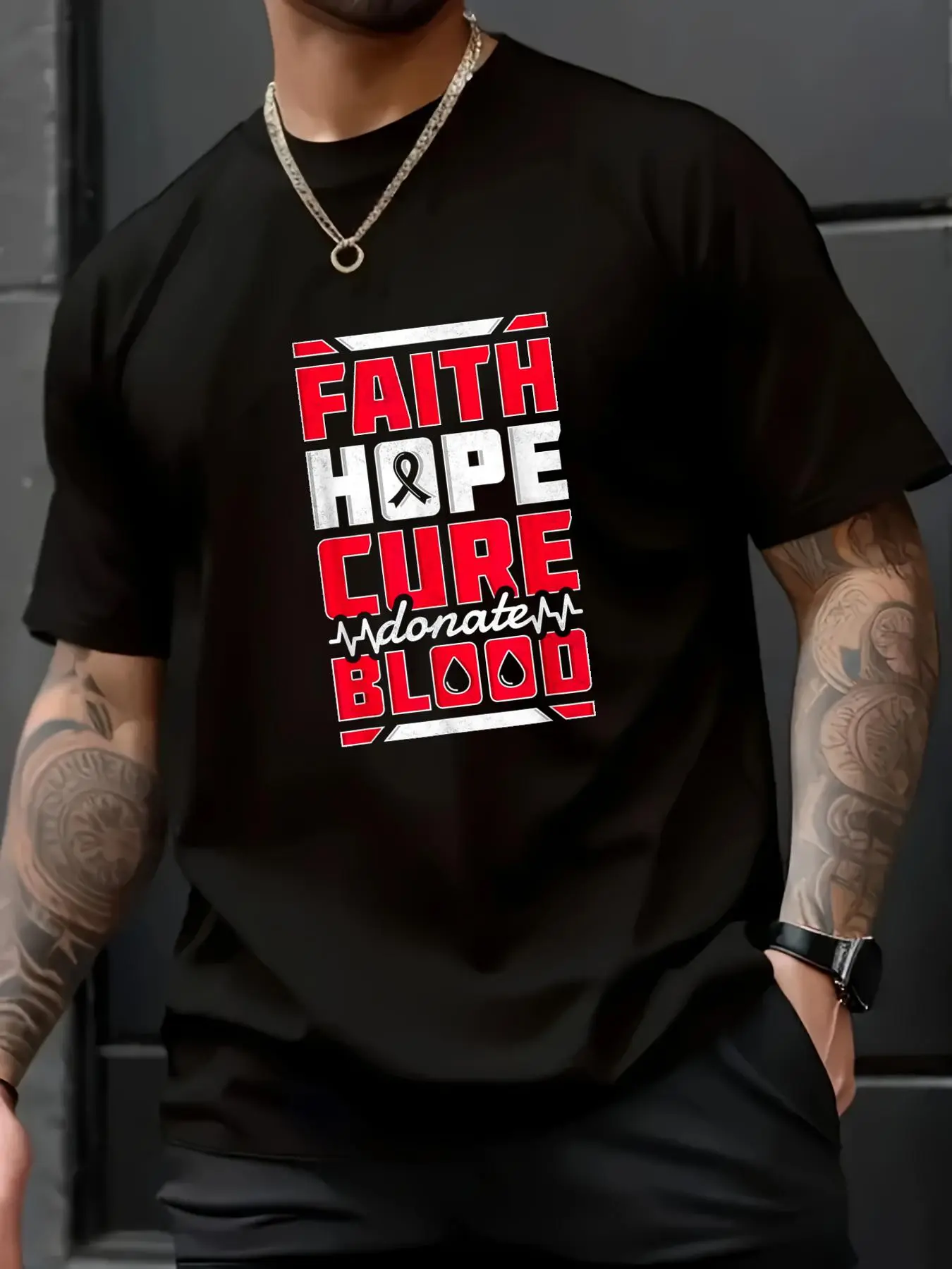 Blood Donor Graphic T-Shirt, Unisex Casual Streetwear Tee in 100% Cotton with 'Faith Hope Cure' Slogan, Loose Fit Shortsleeve, Menswear, Round Neck, Soft