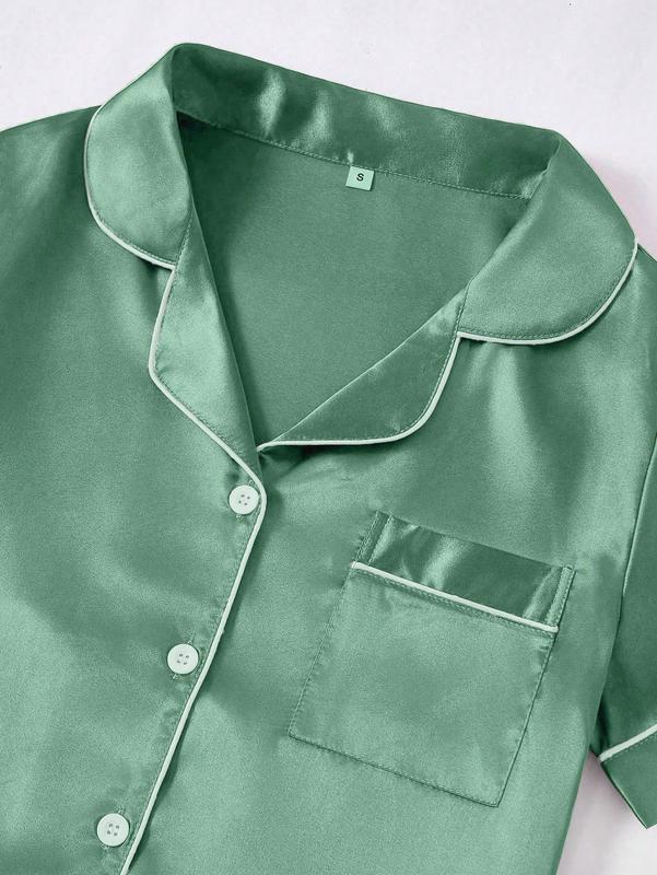 3 PiecesWomen s Contrast Color Trim Solid Color Faux Silk Pajama Set - Dark Green