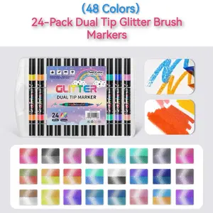 48 Color Glitter Markers, Dual-Ended Design, Brush Tip Marker, 24-Piece Set, Professional Art Supplies, Ideal for Coloring, Bullet Journals, Scrapbooking, Card Making