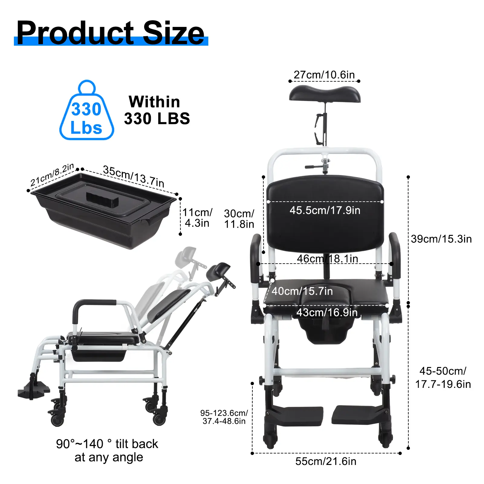 Shower Chair with Wheels, Multifunctional Bedside Commode Chair, Angle Adjustable Shower Commode Wheelchair, Shampoo Chair with Headrest and Bucket for Elderly, Disabled, Adults