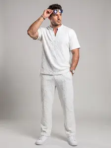 KZZ Men's 2-Piece Casual Clothes Set - Textured Short Sleeve Notched Neck Letter-Embossed Tee, Regular-Fit Drawstring Ankle Trouser