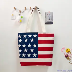 4th Of July Patriotic Canvas Tote Bag Unisex Faux Embroidery American Flag Patchwork Shoulder Handbag Trendy Casual Daily Commute Holiday Party Accessory