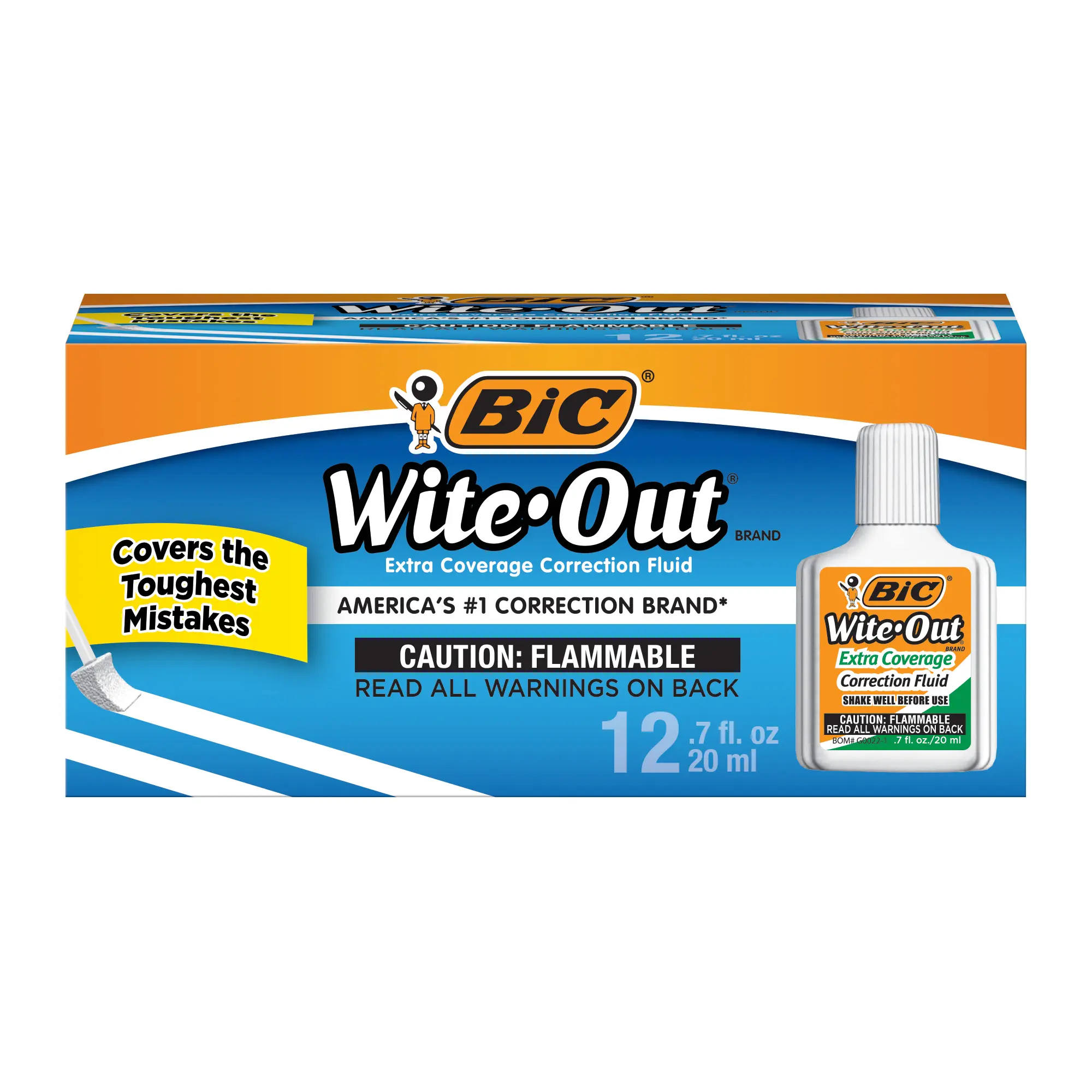 BIC® Wite-Out® Brand Extra Coverage Correction Fluid, White, 12 Pack