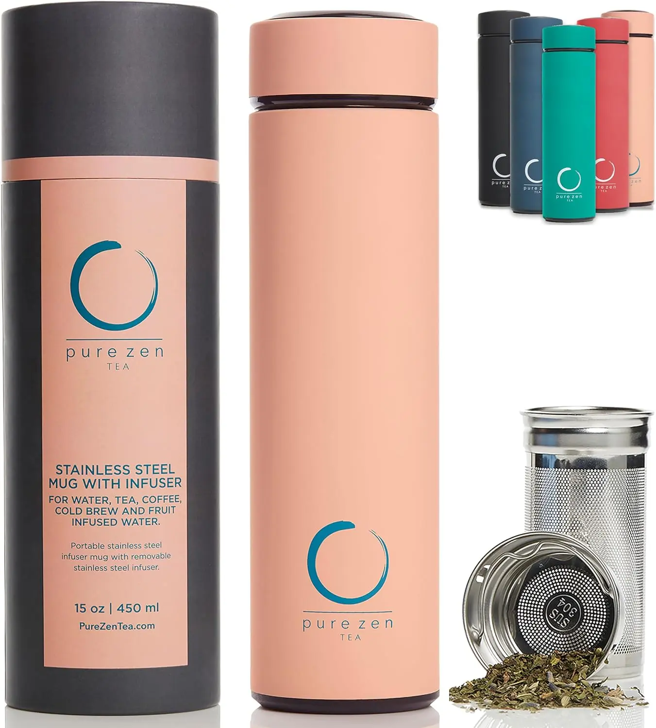 Pure Zen Tea Stainless Steel Travel Mug with Infuser for Hot & Cold Infusions - 15Oz Leakproof Tea Tumbler - Portable Fruit Infused Drinkware - Pink