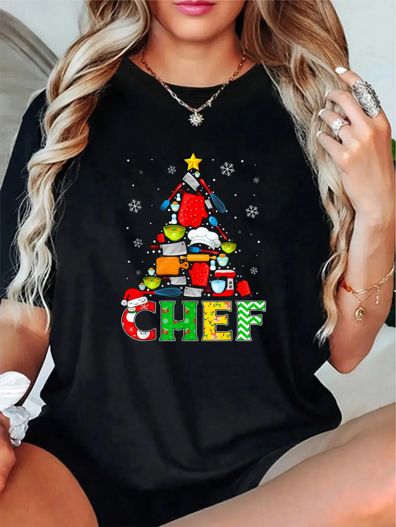 Unisex 100% Cotton Chef Christmas Tree Funny Matching T-Shirt for Men, Women & Kids - Autumn Women’s T-Shirt with Merry Christmas Lettering and Snowflake Design