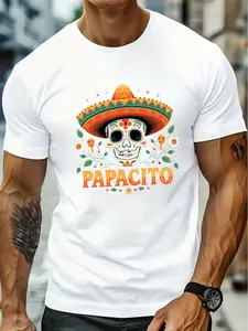 Men's Papacito Sugar Skull T-Shirt, Mexican Day of the Dead Father's Day Short Sleeve Top, Casual Animal Print Fitted Long Shirt