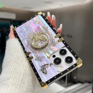 Square Butterfly Phone Case Cover, Aurora Butterfly Stand Holder, Vintage Luxury Protective for iPhone 11 12 13 14 15 16 17 Pro Plus Pro Max Accessories