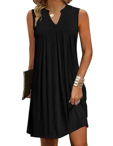 Women's Casual A-Line Dress with Pockets 2025 Sleeveless V Neck Pleated Sundress Loose T-Shirt Work Office Dresses