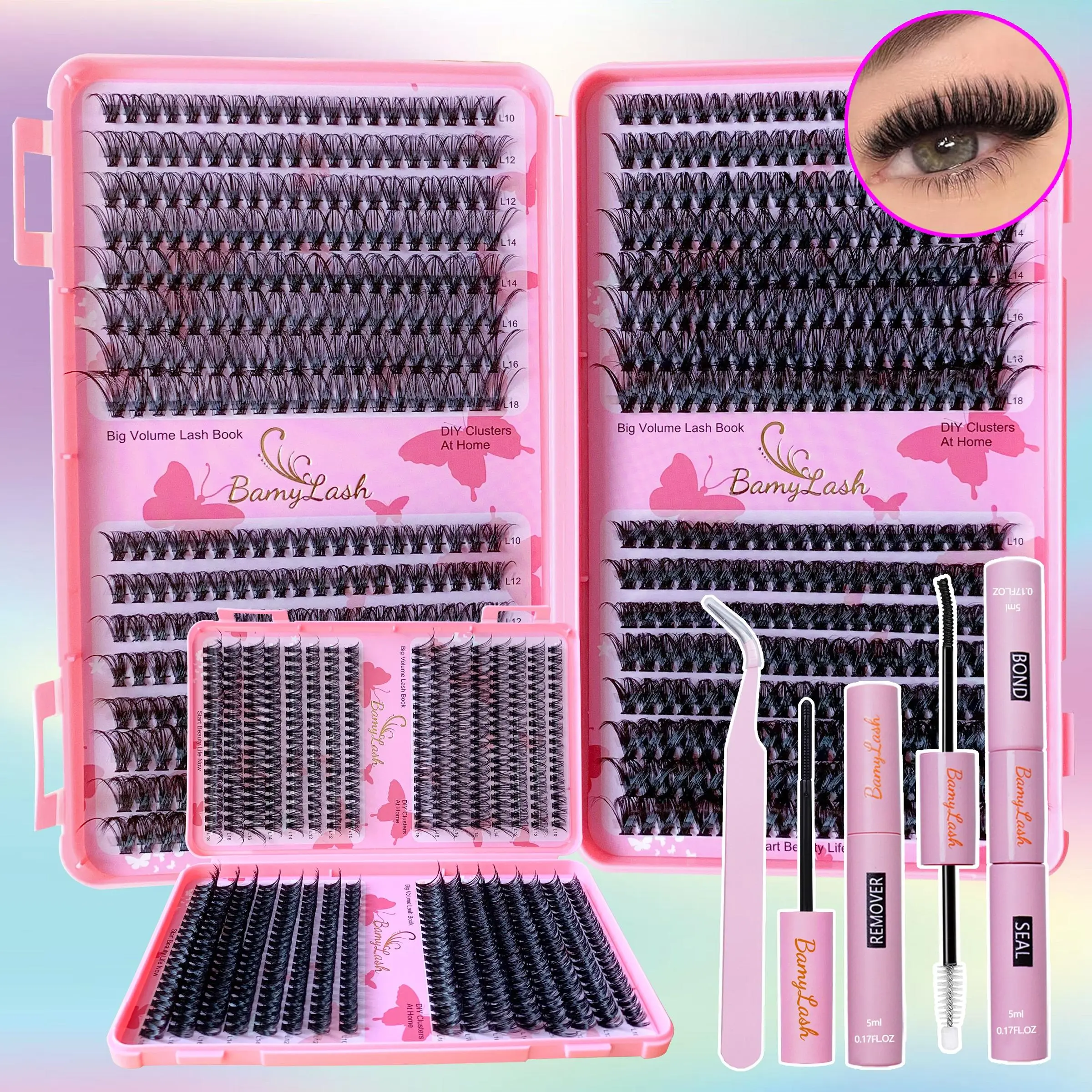 Eyelash Extensions Kit, DIY Lash Cluster, Glue Lash Clusters, 1 Set Including Eyelash Book & Eyelash Bond Glue & Eyelash Remover & Tweezers, Professional Eye Makeup Tool for Women, Cosmetic, Includes Lash Tools