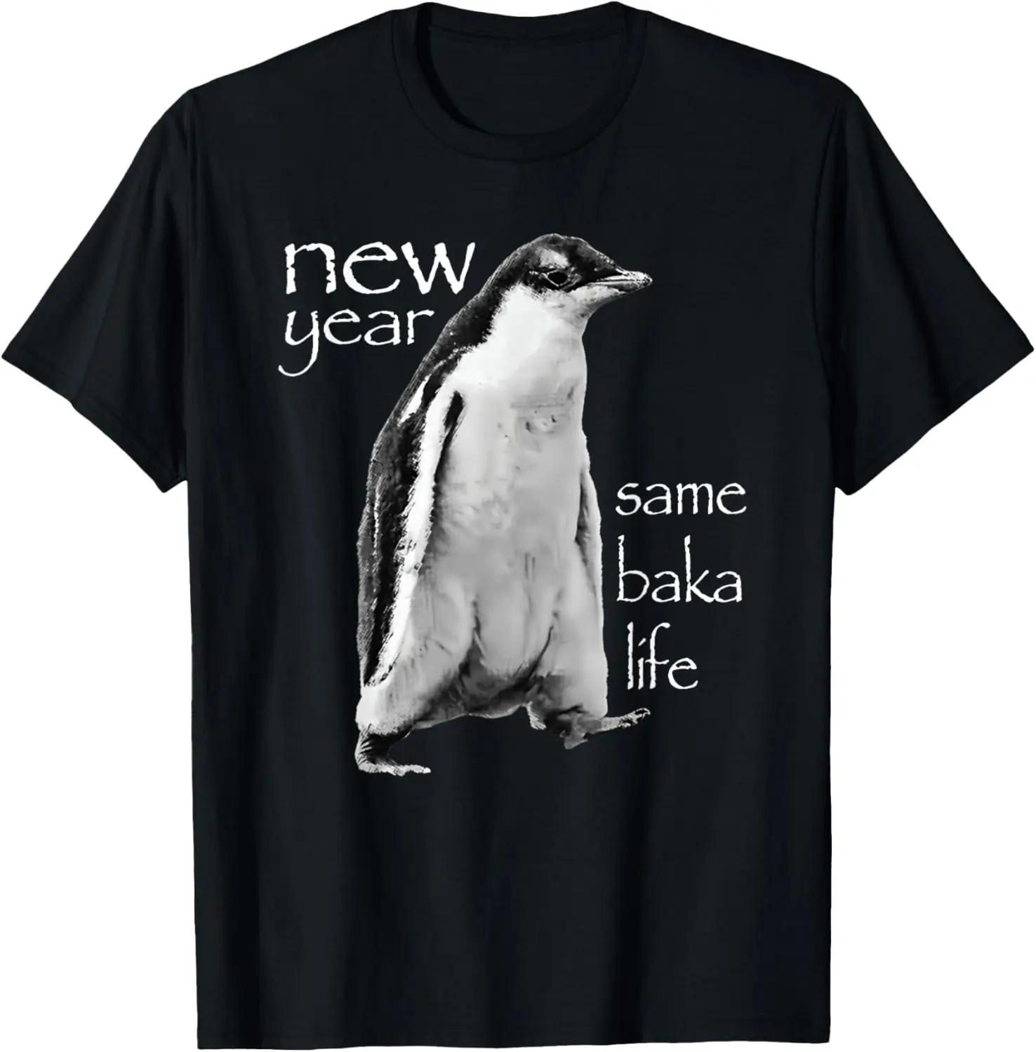 Women's 100% Cotton Short-Sleeve Round Neck Vintage Casual T-Shirt - Distressed "Same Baka Life" Penguin Joke Graphic, Everyday Streetwear with Playful Look