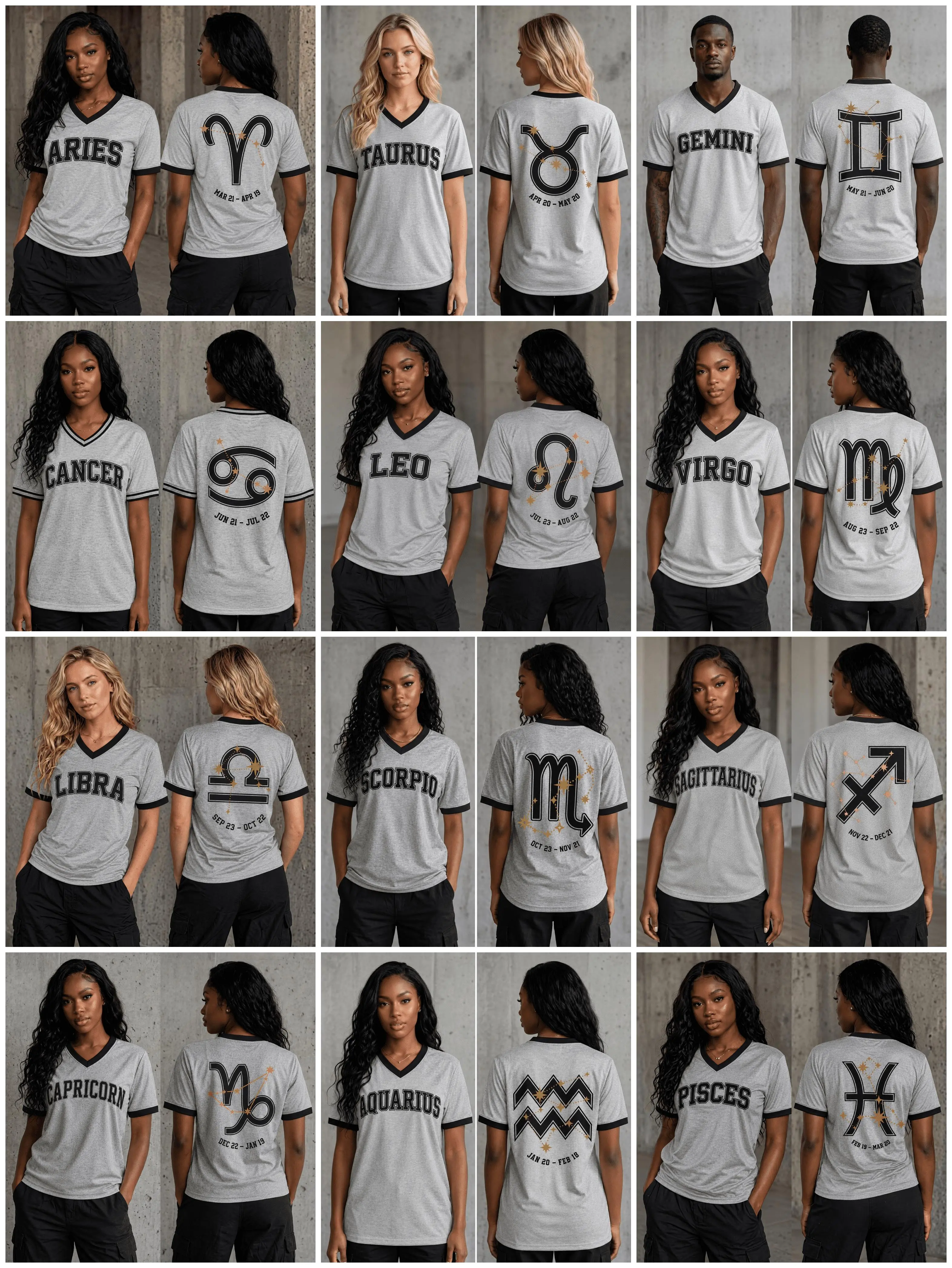 Heather Grey Unisex V-Neck Zodiac Soccer Jersey Tee, Streetwear Vintage Varsity Top, Black Graphic Gold Constellation Print, 12 Star Sign Astrology Gift for Her Him