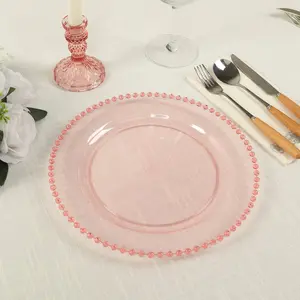10-Pack Plastic Round Dinner Plates 10" Transparent Blush with Beaded Rim - Disposable Party Plates
