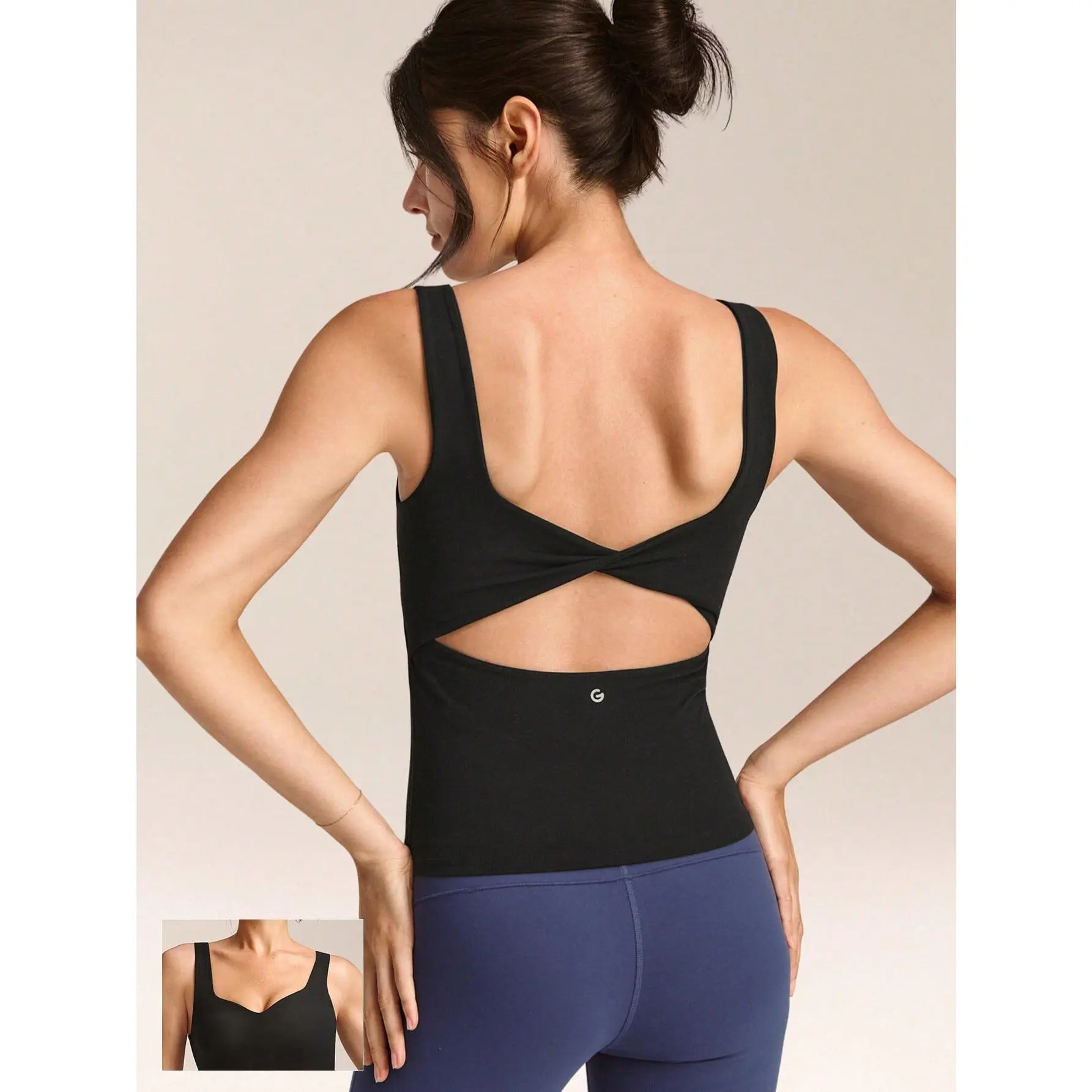 GLOWMODE FeatherFit Soft Win Buttery-Soft Sweetheart Neck Twisted Open Back Removable Cups Long Tank Top Low Impact Yoga Studio Daily Wear
