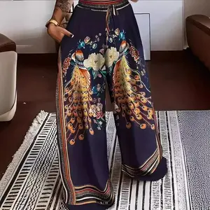 Wide-leg pants women's spring and summer fashion lace-up printed large-size trousers women(Sheet)