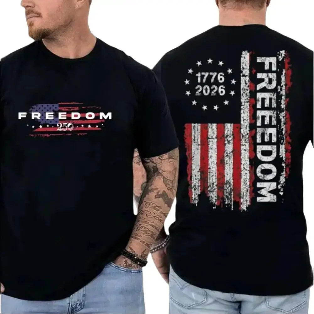 Men's Classic Shortsleeve Patriotic Apparel, 1776-2026 Freedom 250 Years Vintage Distressed USA Flag Graphic T-Shirt, Menswear, Front & Back Print, Soft US Cotton, Unisex US Fit, Father's Day Gift t0330 Top