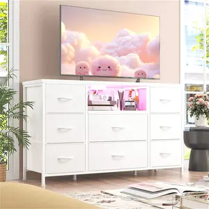 Dresser With 8 Fabric Drawer & LED Lights And Charging Station, TV Stand Fit 55'' TV For Bedroom, Chest Of Drawers With Open Shelves, 6 Adjustable Feet, Hallway, Entryway, Closet, Black Wood Grain, White