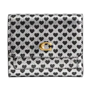 Coach Mila Heart-Pattern Leather Wallet for Women, Small Size, Silver and Black