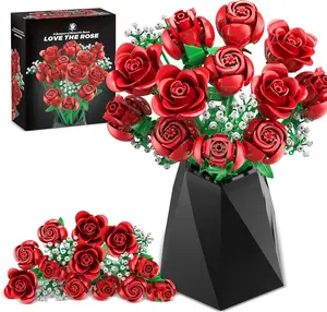 Red Rose Bouquet Building Set, 16PCS Roses Flowers Artificial Flowers Botanical Collection for Dinner Table Home Decor, Christmas Valentines Day Gifts Thanksgiving Flower Decorations