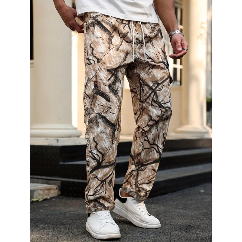 Men's camouflage print zippered pocket trousers, slim-fit athletic pants, durable trousers for autumn, men's wear-resistant outdoor training pants, streetwear fashion, vacation wear, men's clothing