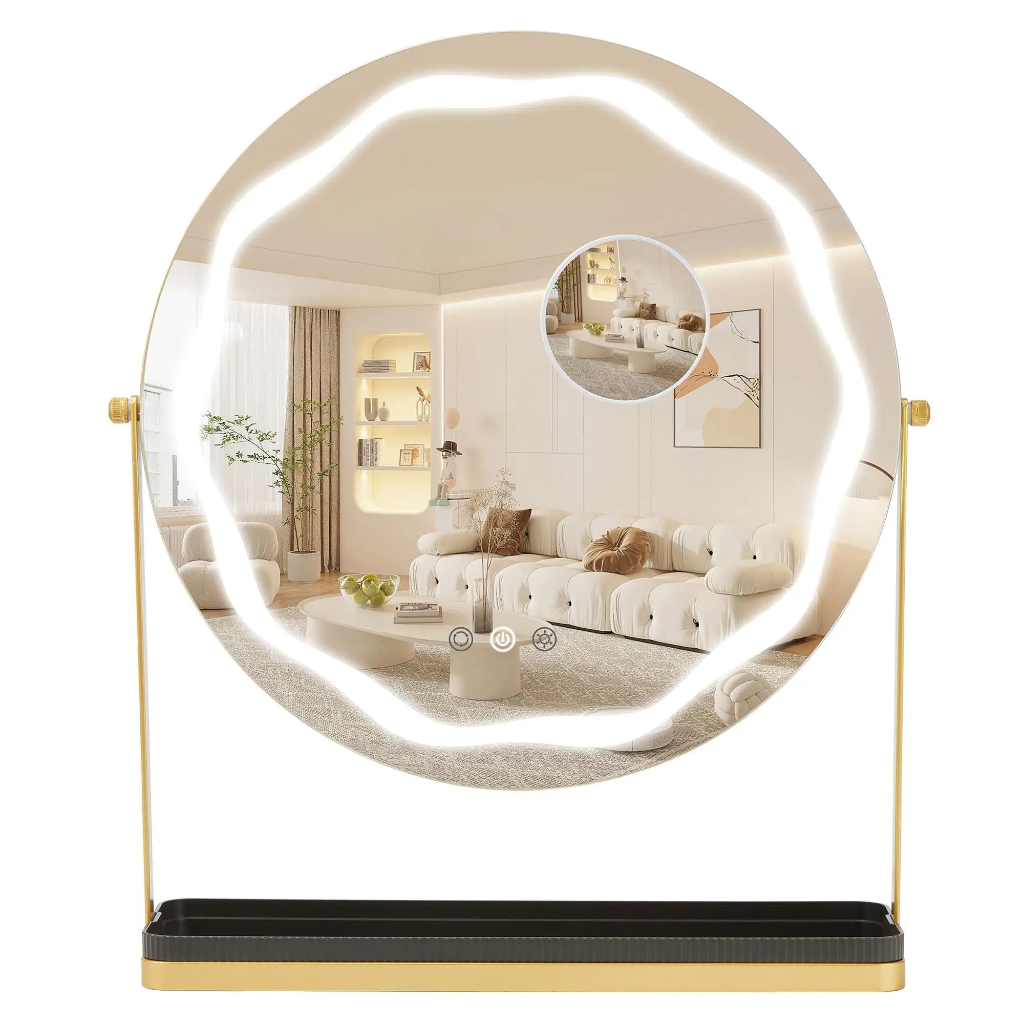 Gaomon Gold Round Aluminium LED Lighted Mirror - 3-Color Adjustable, 360° Rotatable, Smart Touch Controls, Smooth Surface, Magnetic Removable Storage Case, Portable, Easy Installation, Rubber-Accented, Home Decor, Desk Accessory, Mother's Day