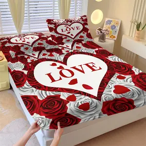 LOVE Romantic Rose Theme Fitted Sheet Set, Soft Anti-Slip Wrinkle-Resistant, Rose and Heart Mattress Protector, 1 Mattress Cover and 2 Coreless Coreless Pillowcases, Perfect Gift for Couples