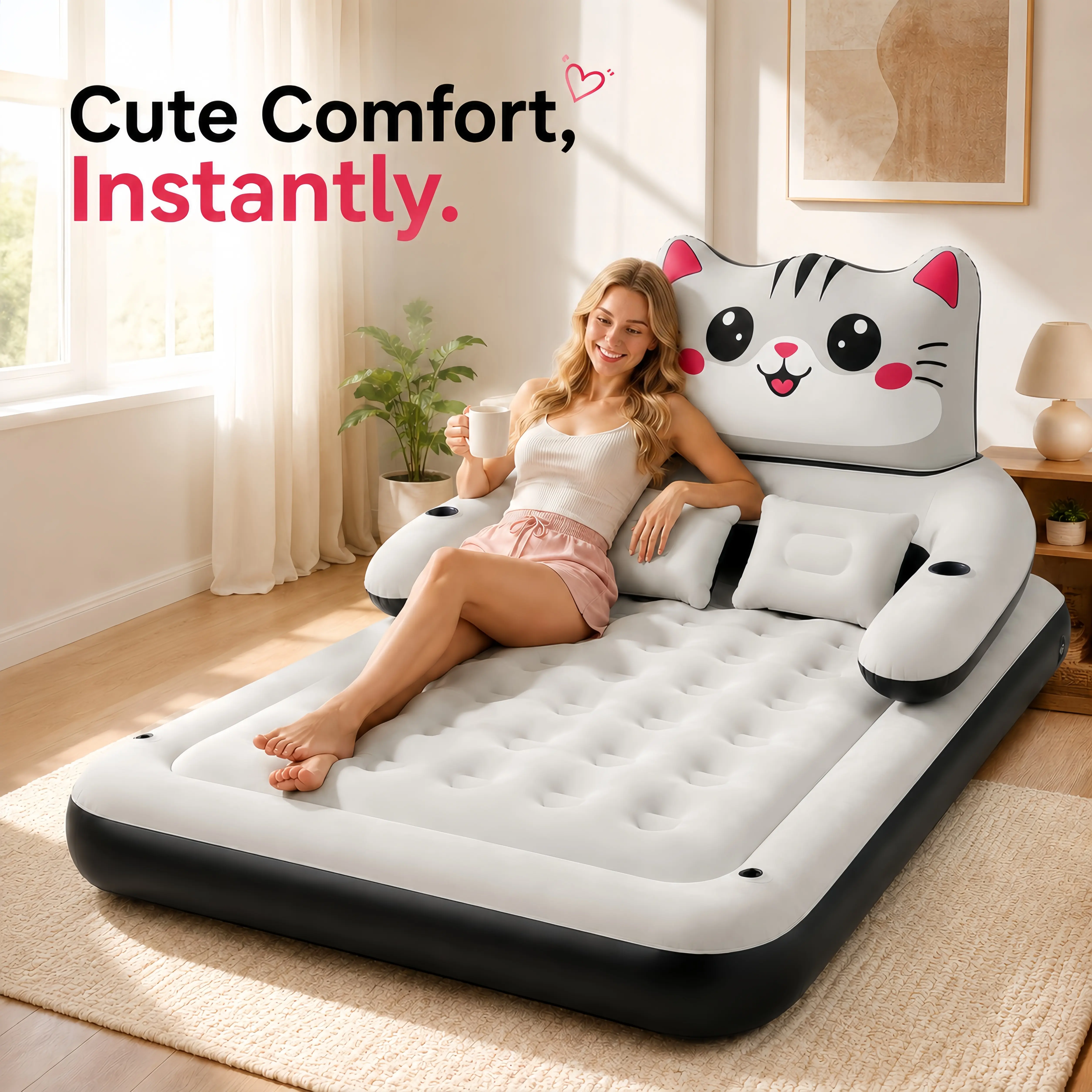 3-in-1 Cute Cat Air Mattress with Removable Backrest, Pillows & Cup Holders, Easy to Store Inflatable Sofa Bed for Sleepover, Guest Room, Camping(NO PUMP)