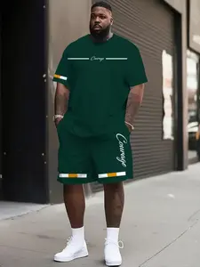 Men's Plus Size Casual Set, Chicago Print Sporty Style Round Neck Short Sleeve T-Shirt and Shorts, Loose-Fitting All Seasons Outfit Clothes