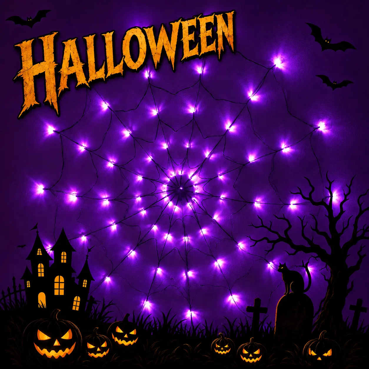 2026 New Halloween Purple LED Spider Web Lights, 1.2M 70 LED Hanging Web with 30CM Plush Spider, Remote Control, 8 Lighting Modes, Battery Powered Porch Party Decor