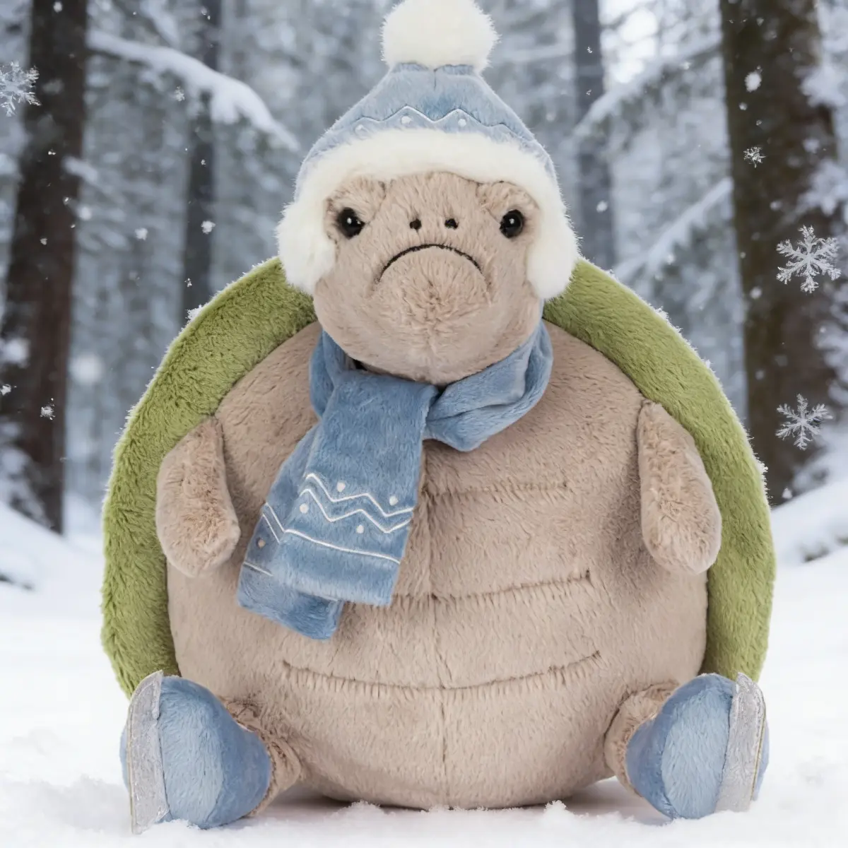 Grumpy Timmy Turtle Winter Skating Plush, Soft Stuffed Tortoise with Hat Scarf & Ice Skates, Cute Christmas Plushie, Holiday Decor, Unique Quirky Gift for Kids & Adults