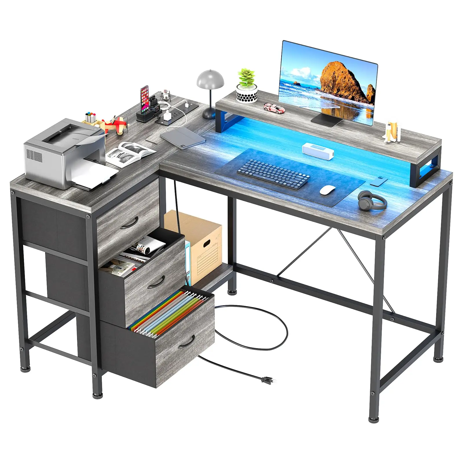 Reversible L Shaped Desk with Power Outlet and 3 Drawer, Computer Desk with Led Lights, Home Office Desk with Monitor Stand, Study Gaming Desk, Gray modern organizer