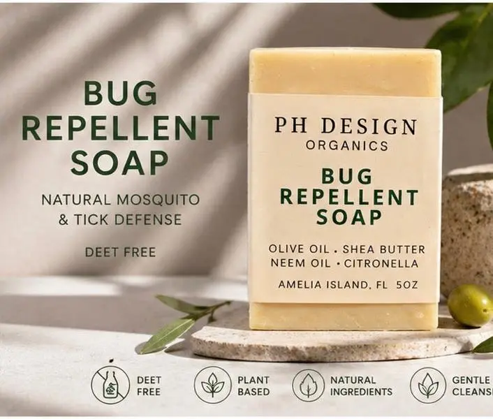 PH DESIGN ORGANICS Bug Repellent Soap 5 oz Natural Mosquito & Tick Defense Deet Free Body Care with Olive Oil Shea Butter Neem Oil Citronella Essential Oils Nourishing Skin Repair