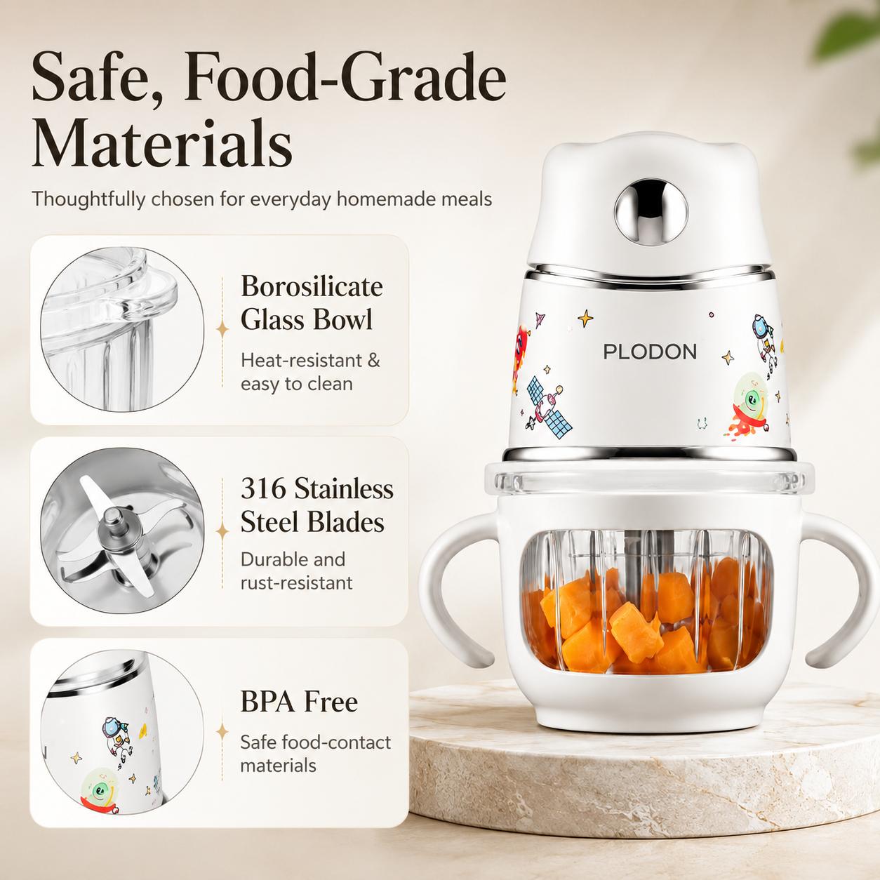 PLODON 10oz Baby Food Maker - Glass Bowl Easy to Use Food Processor with 316 Stainless Steel Blades, 1-Touch Puree Blender for Fruits, Vegetables, BPA-Free Small Batch Meal Prep Tool, Easy To Use Food Processors