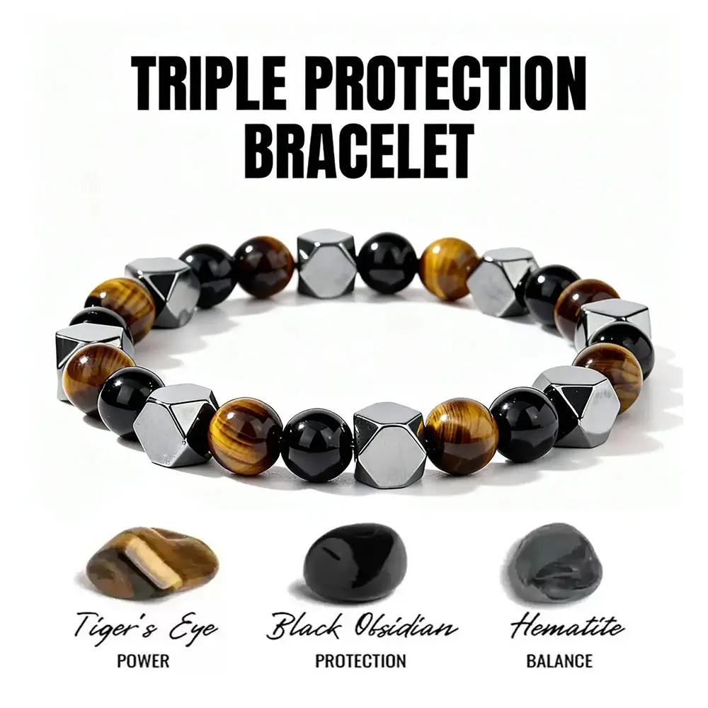 LuminaLace Jewelry Men’s Natural Obsidian Healing Crystal Bracelets, Energy Vibration, Triple Protection, Lucky Beads, Elegant Look, Daily Wear, Hand-Selected Gemstone Accessory for Gift Preparation, Friends, Male, Bangle