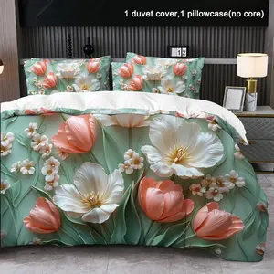 Tulip Digital Print Bedding Collection (2-Piece/3-Piece) - Includes 1 Duvet Cover + 1/2 Pillowcases, Breathable Fabric, Floral Design for Modern Beds