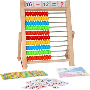 Preschool Math Learning Toy,10-Row Wooden Frame Abacus with Multi-Color Beads, Counting Sticks, Number Alphabet Cards, Back to School Gifts for  3 4 5 6 Years Old Toddlers Boys Girls