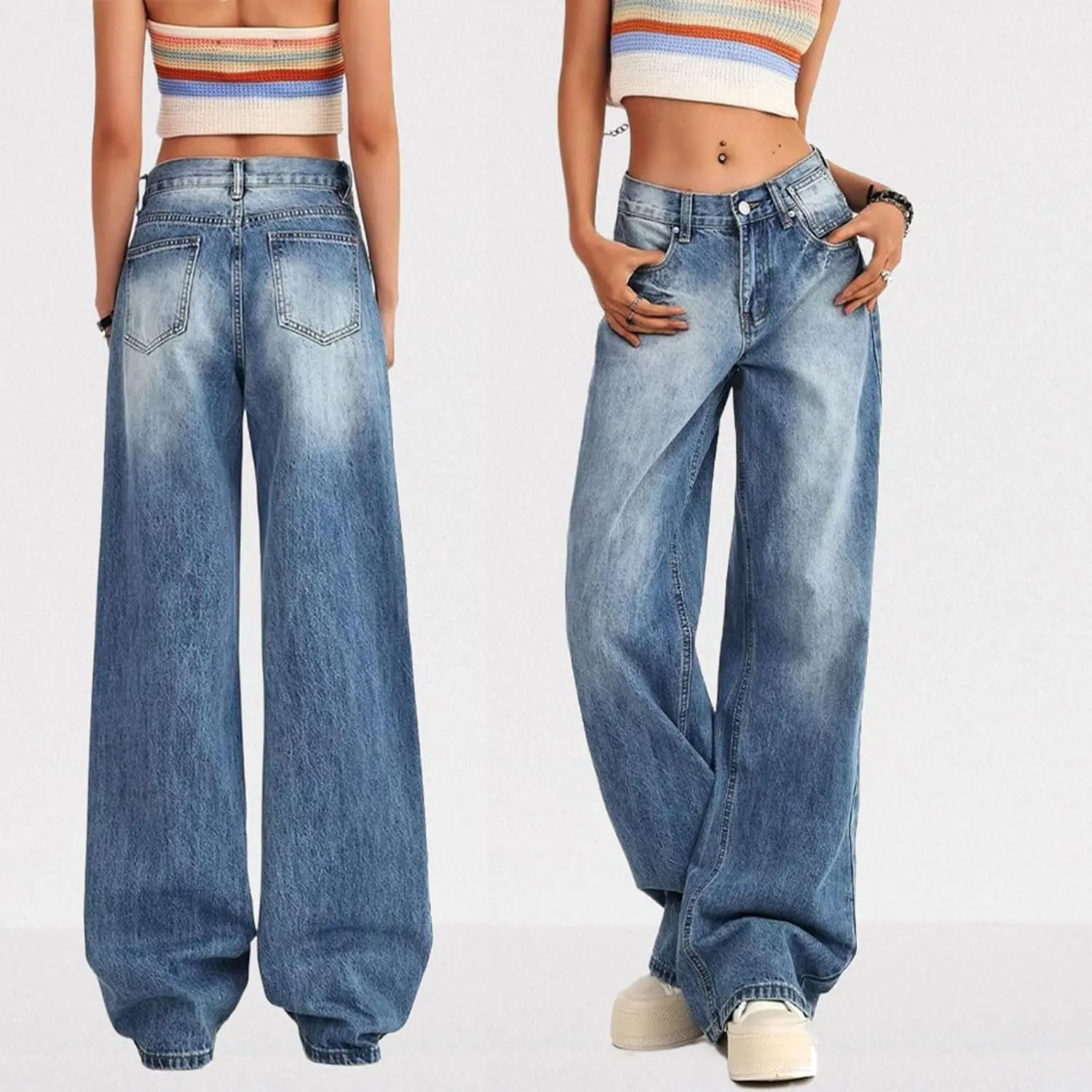 Women's Low Rise Baggy Jeans Y2K Wide Leg Denim Pants Casual Loose Straight Leg Boyfriend Jeans with Pockets Womenswear Bottom